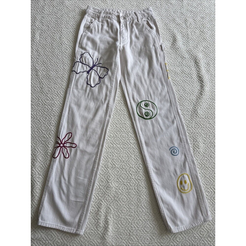PacSun Women's Low Rise Carpenter Pants Size 22 Embroidered White Cotton - Picture 3 of 12